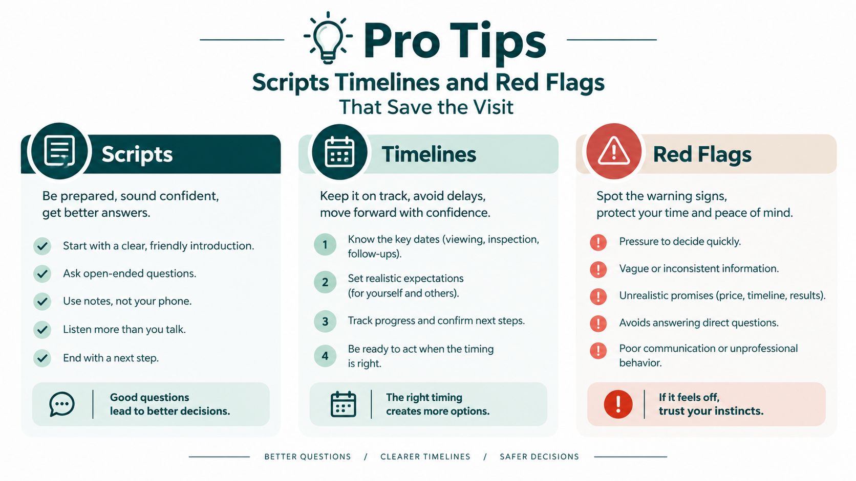 An infographic titled Pro Tips for scripts, timelines, and red flags for making safer decisions.