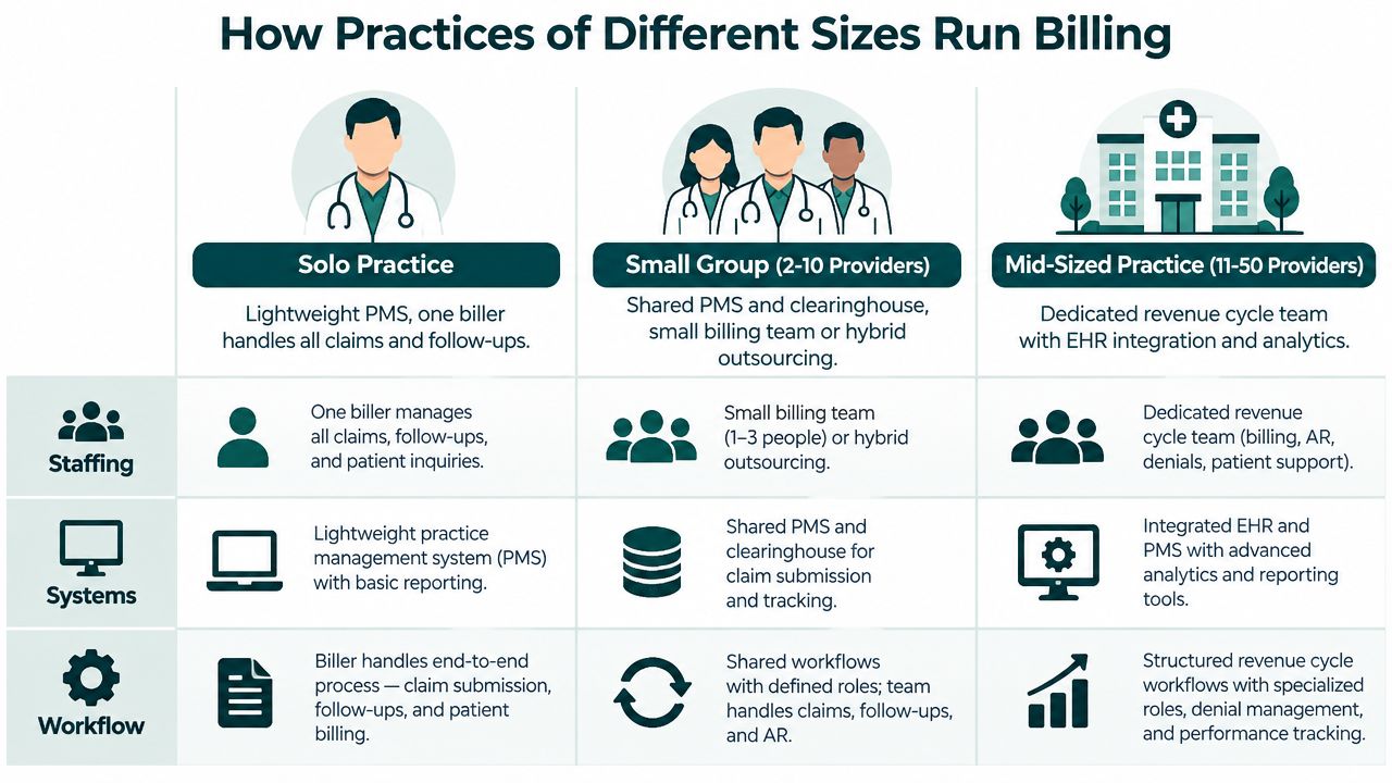 A chart comparing billing practices across solo, small group, and mid-sized medical practices based on staffing, systems, and workflow.