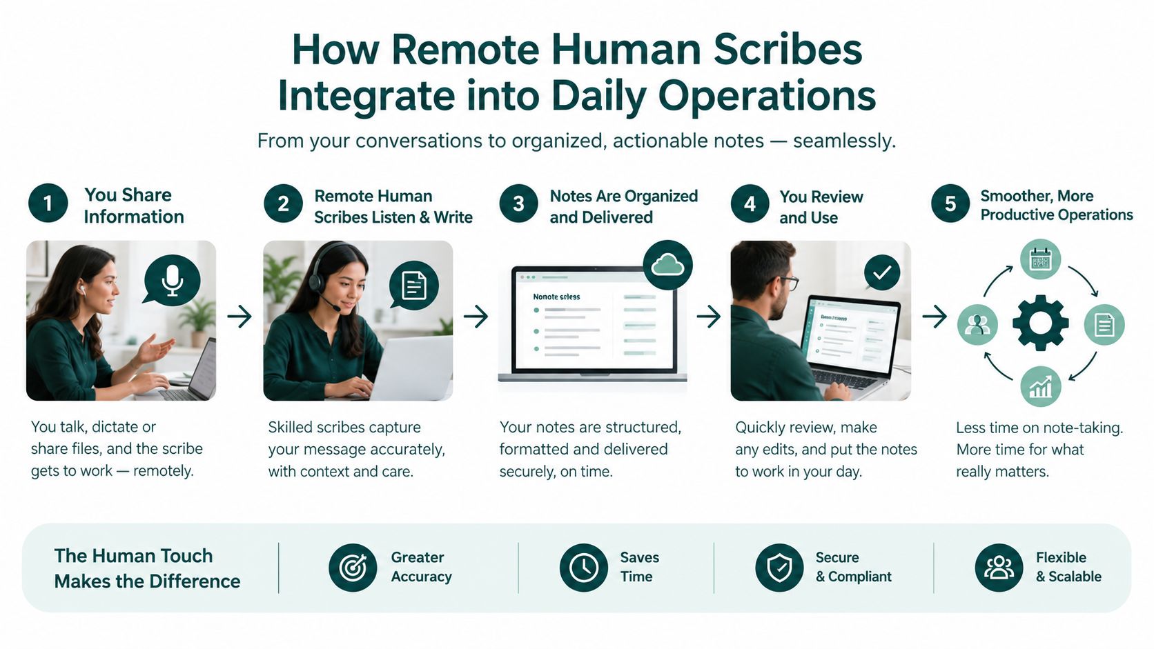 A diagram illustrating the five-step process of how remote human scribe services integrate into daily professional operations.