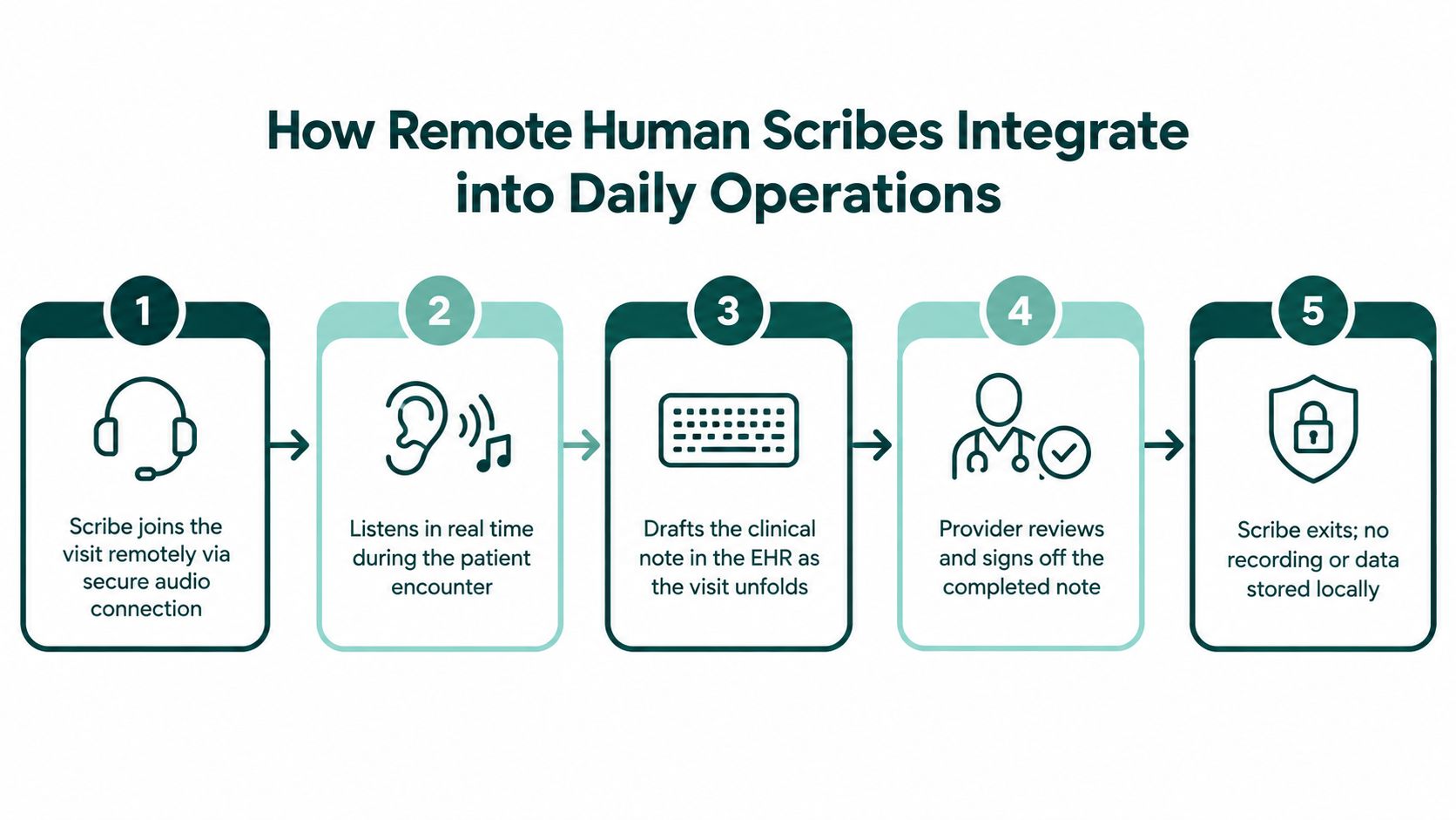 A five-step infographic illustrating how remote human medical scribes integrate into daily clinical healthcare operations.