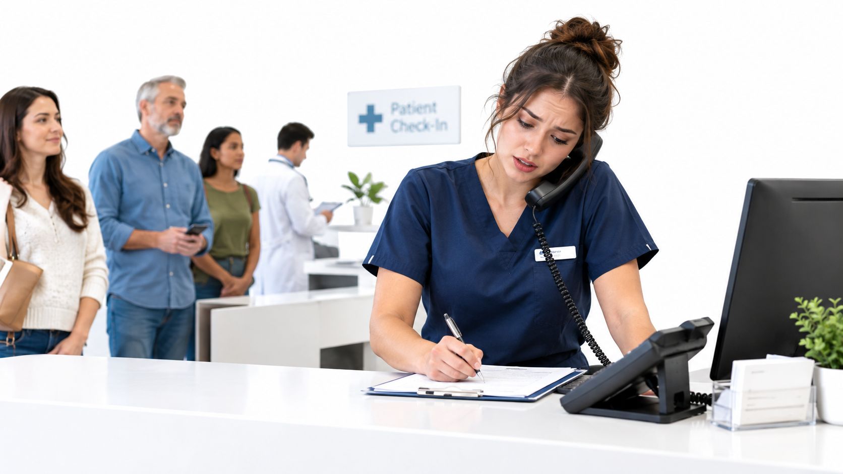 A receptionist in medical scrubs handles a phone call at a busy clinic patient check-in counter.