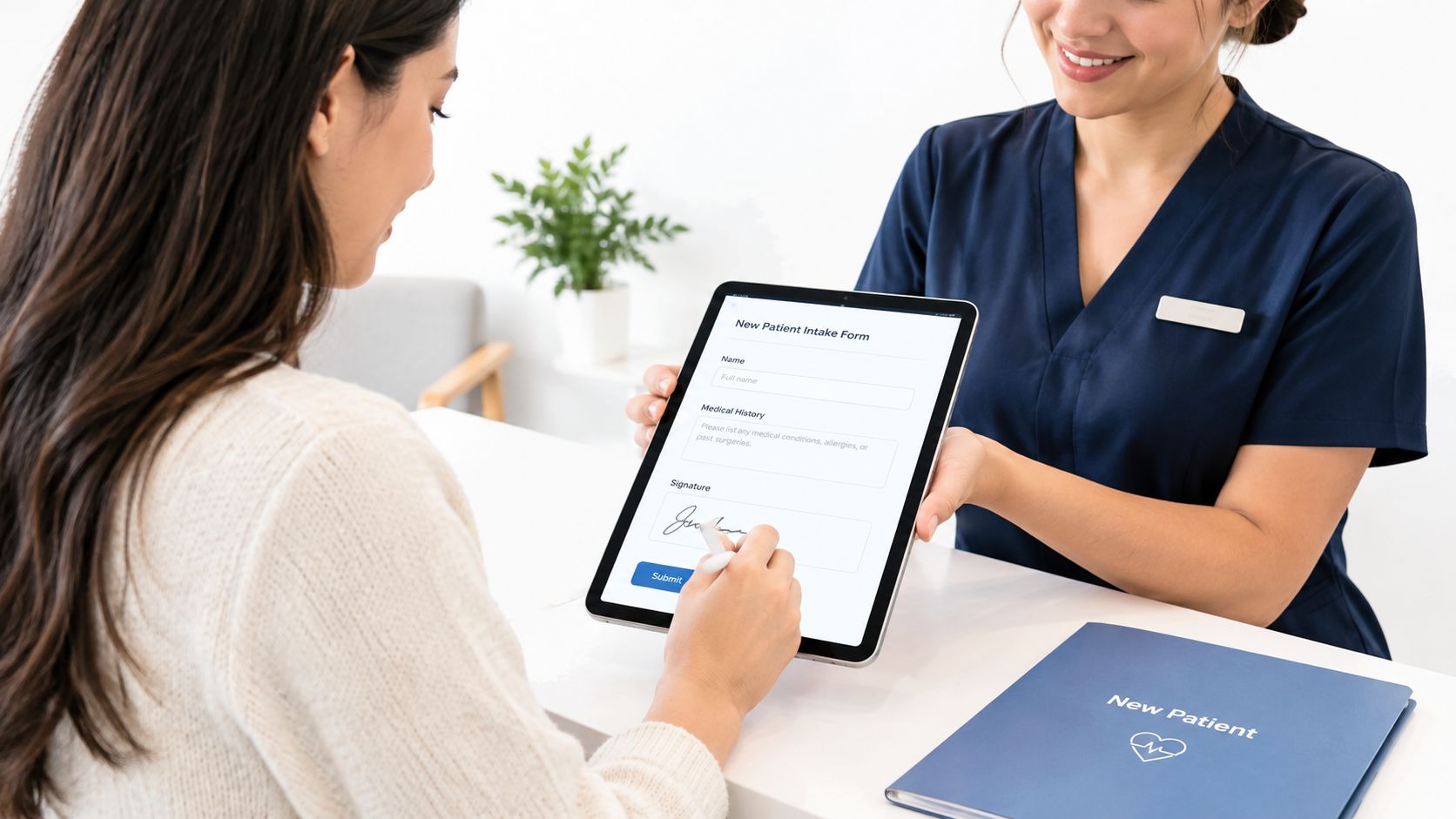 A female patient signing a digital new patient intake form on a tablet held by a receptionist.