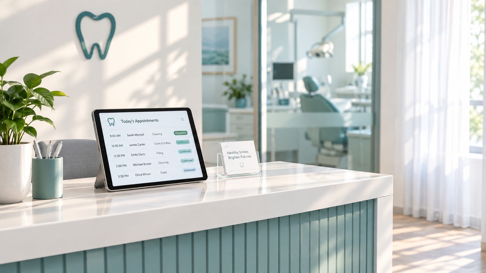 A clean, modern reception desk at a dental office featuring a digital tablet showing patient appointment schedules.