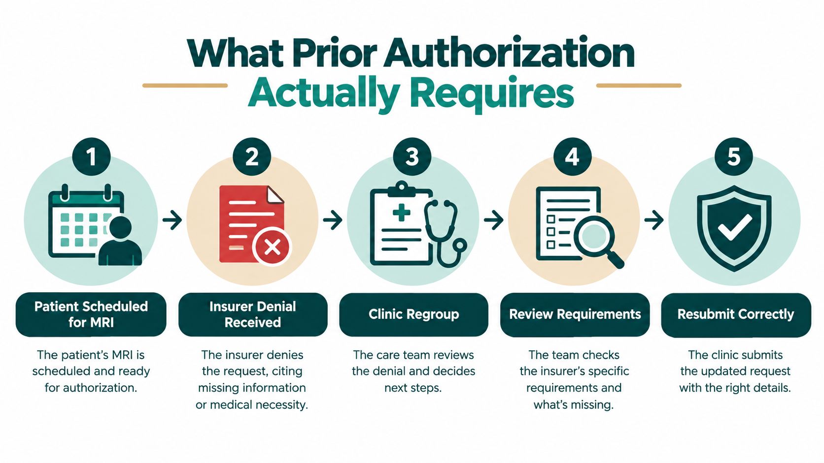 A five-step infographic showing the clinical prior authorization workflow from initial patient scheduling to final submission.