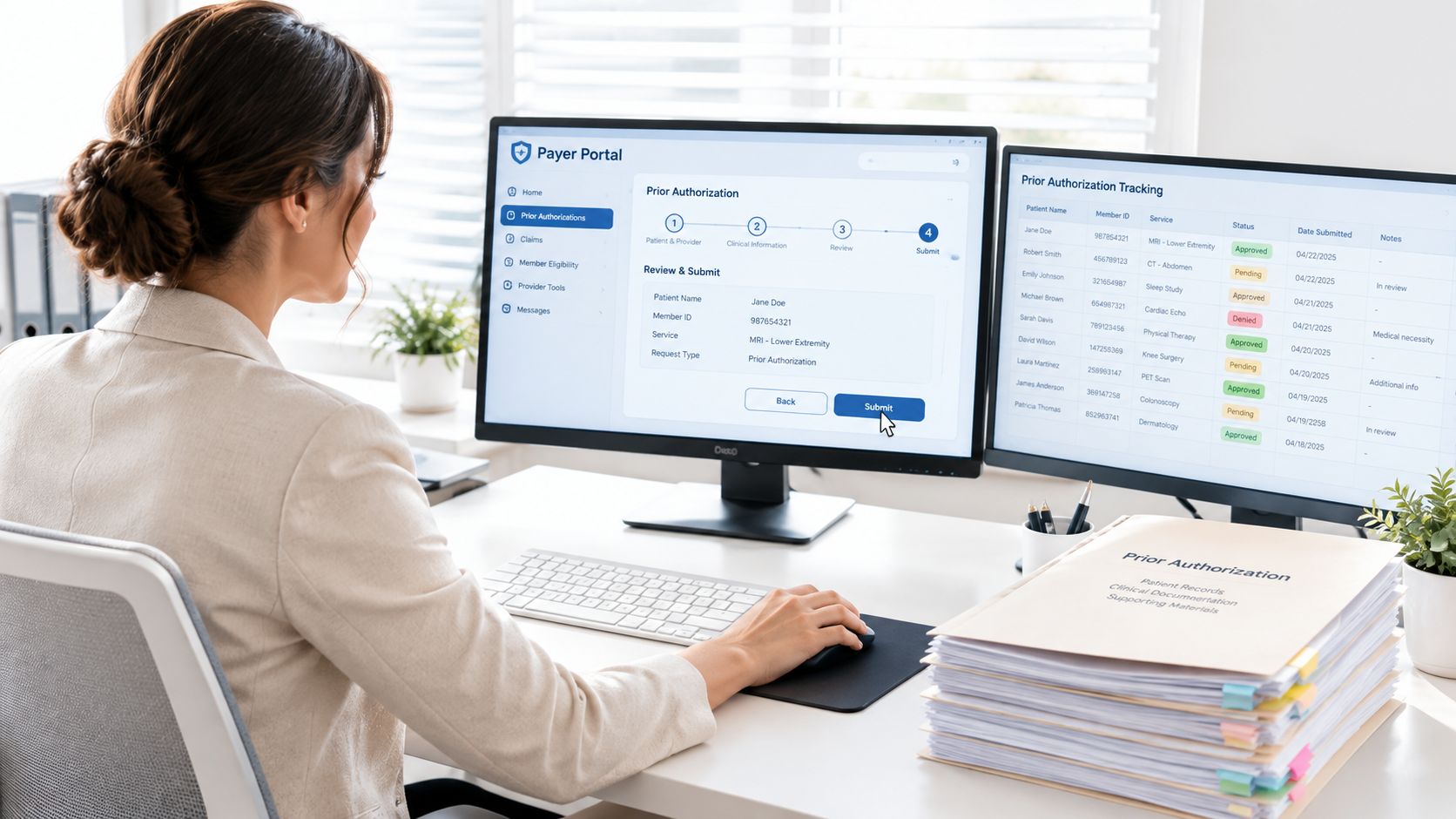 A professional working on a payer portal at a desk with dual monitors and medical documentation.