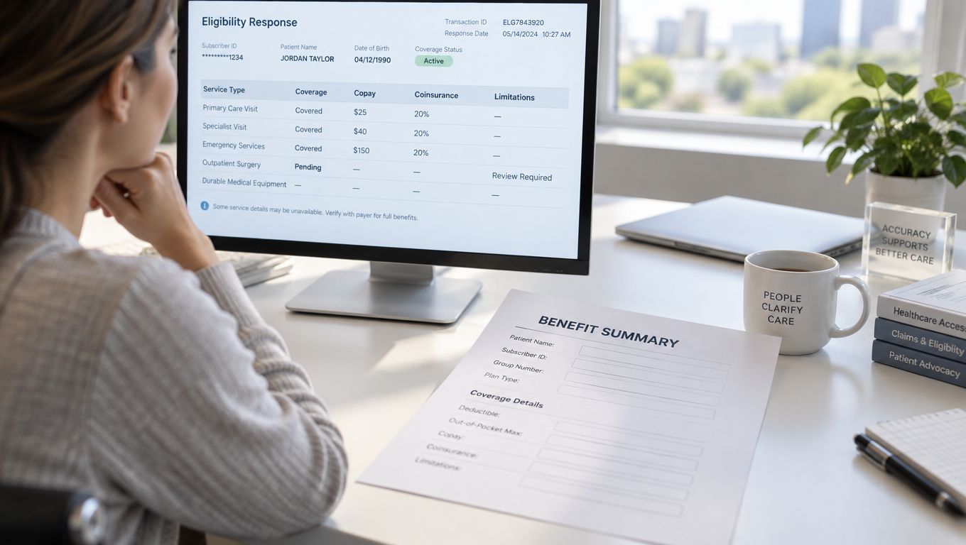 A professional analyzing health insurance eligibility data on a computer screen at a clean, organized office desk.