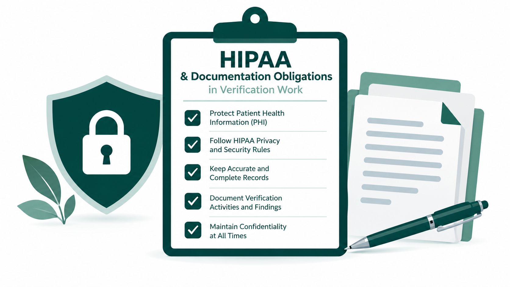 A clipboard showing HIPAA and documentation obligations for professionals in medical insurance verification work.