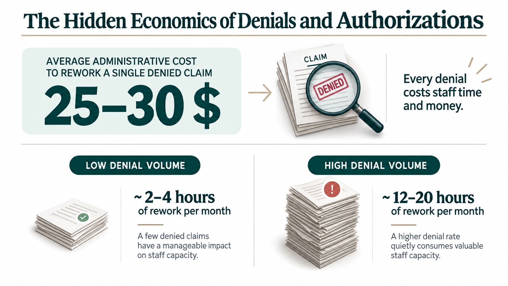 An infographic showing that reworking denied medical claims costs between 25 and 30 dollars per claim.