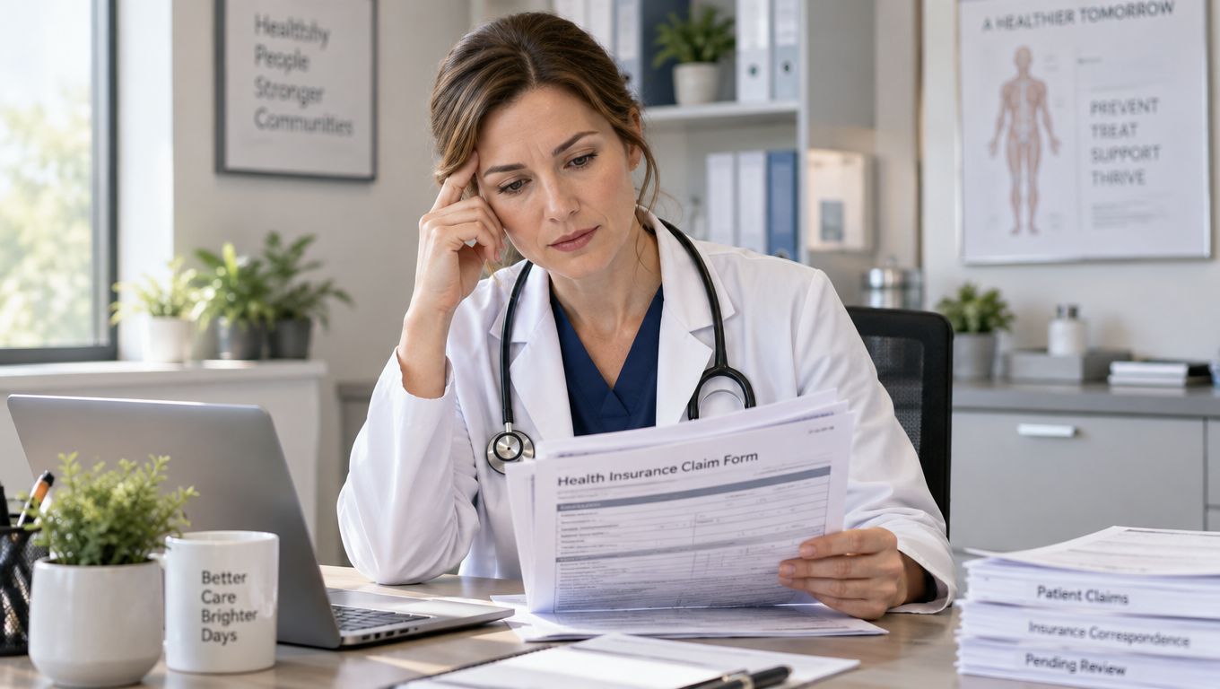 A concerned female doctor in a white coat reviewing a health insurance claim form at her desk.