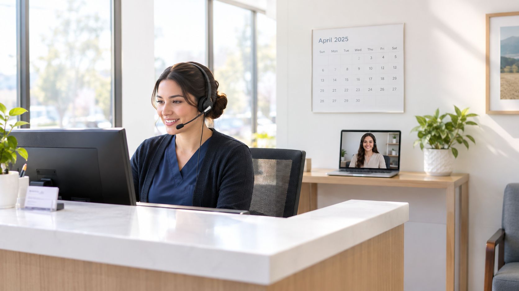 A friendly medical receptionist with a headset working at a modern office front desk.