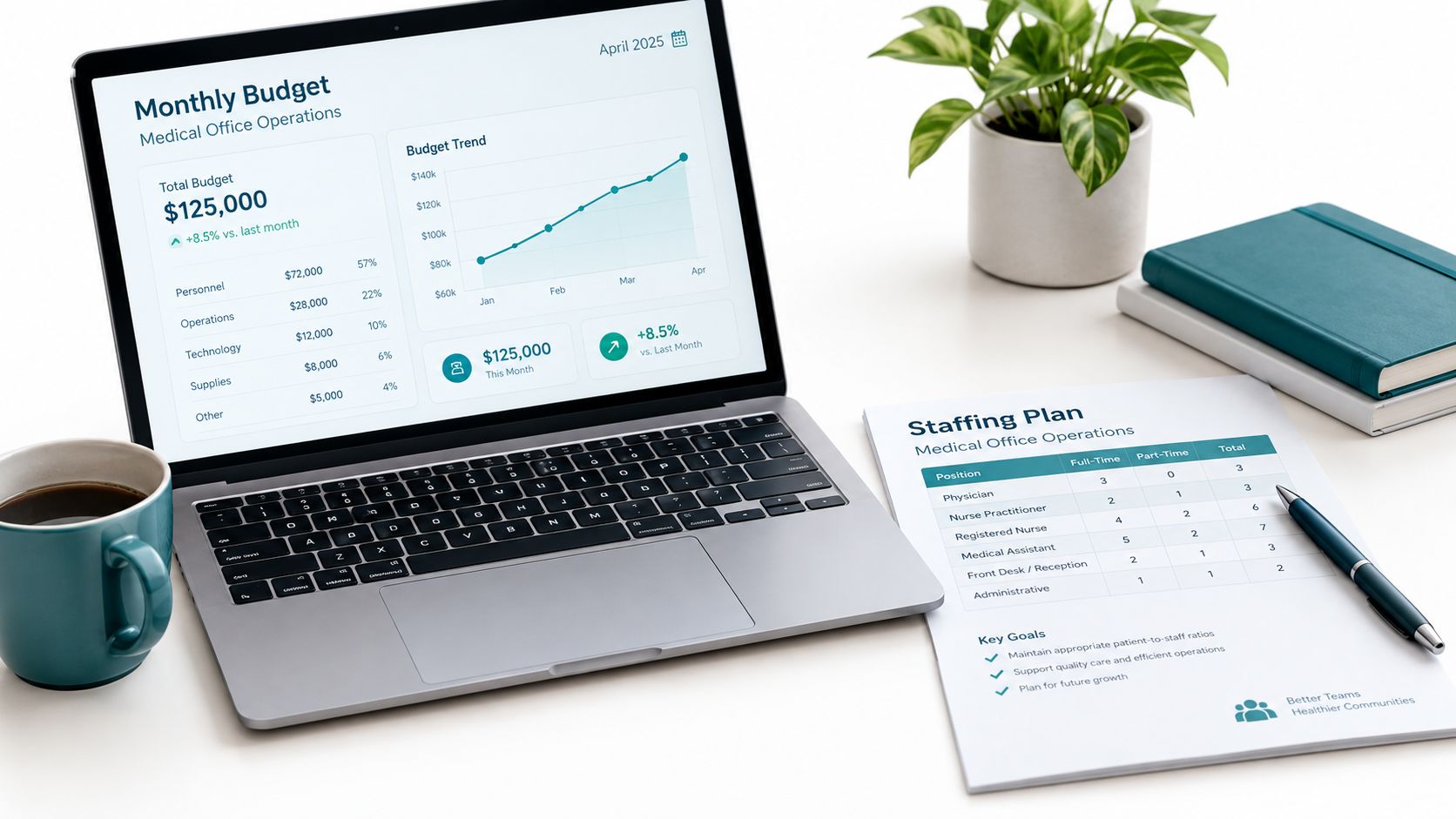 A professional desk setup featuring a laptop displaying financial budget reports and a printed medical staffing plan.