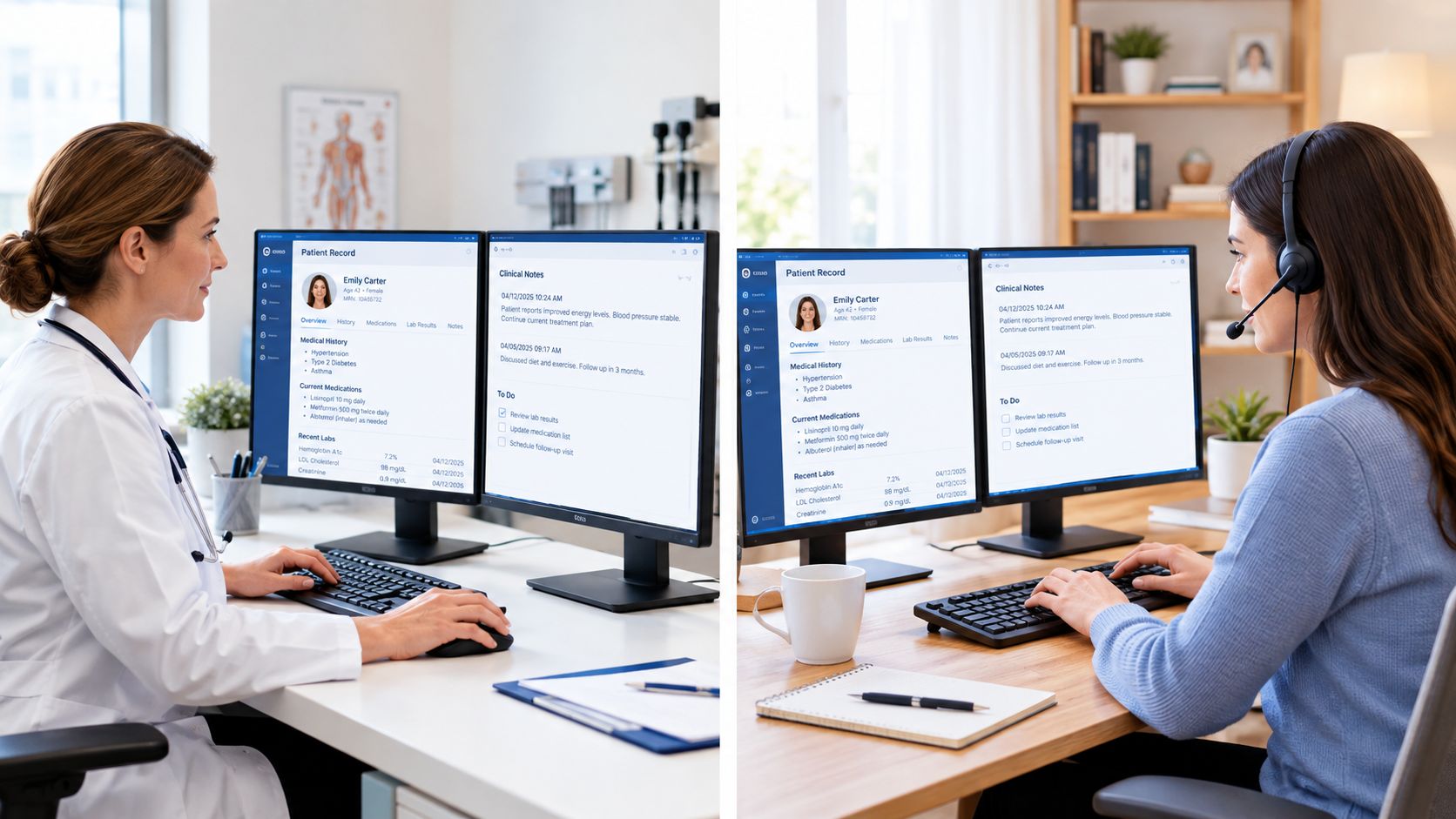 A doctor and a remote medical scribe working on identical patient records at their respective computer workstations.
