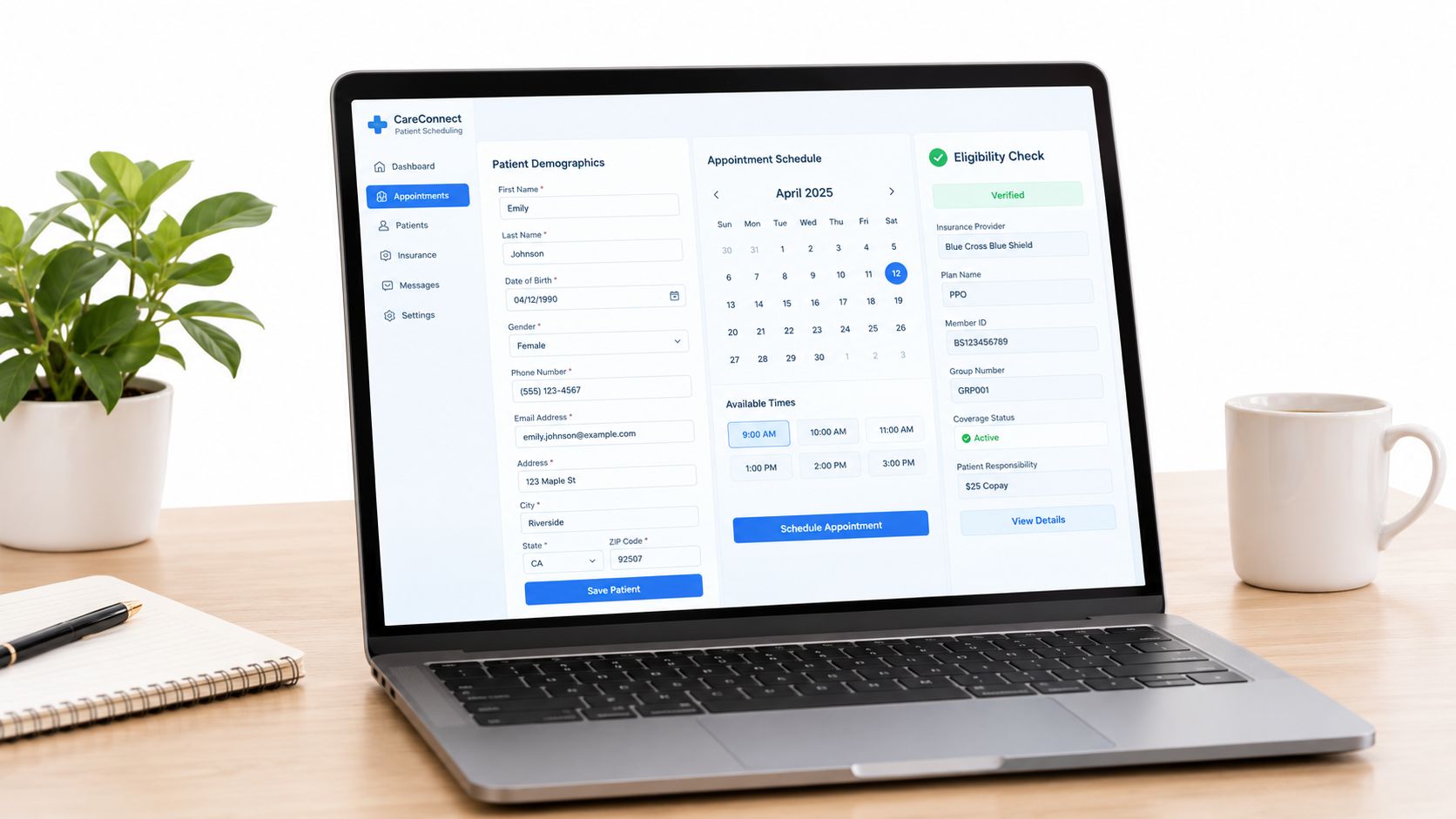 A laptop screen displaying a CareConnect medical patient appointment scheduling interface on a wooden desk.